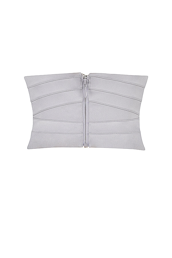 Gray satin underbust corset with flowy maxi dress