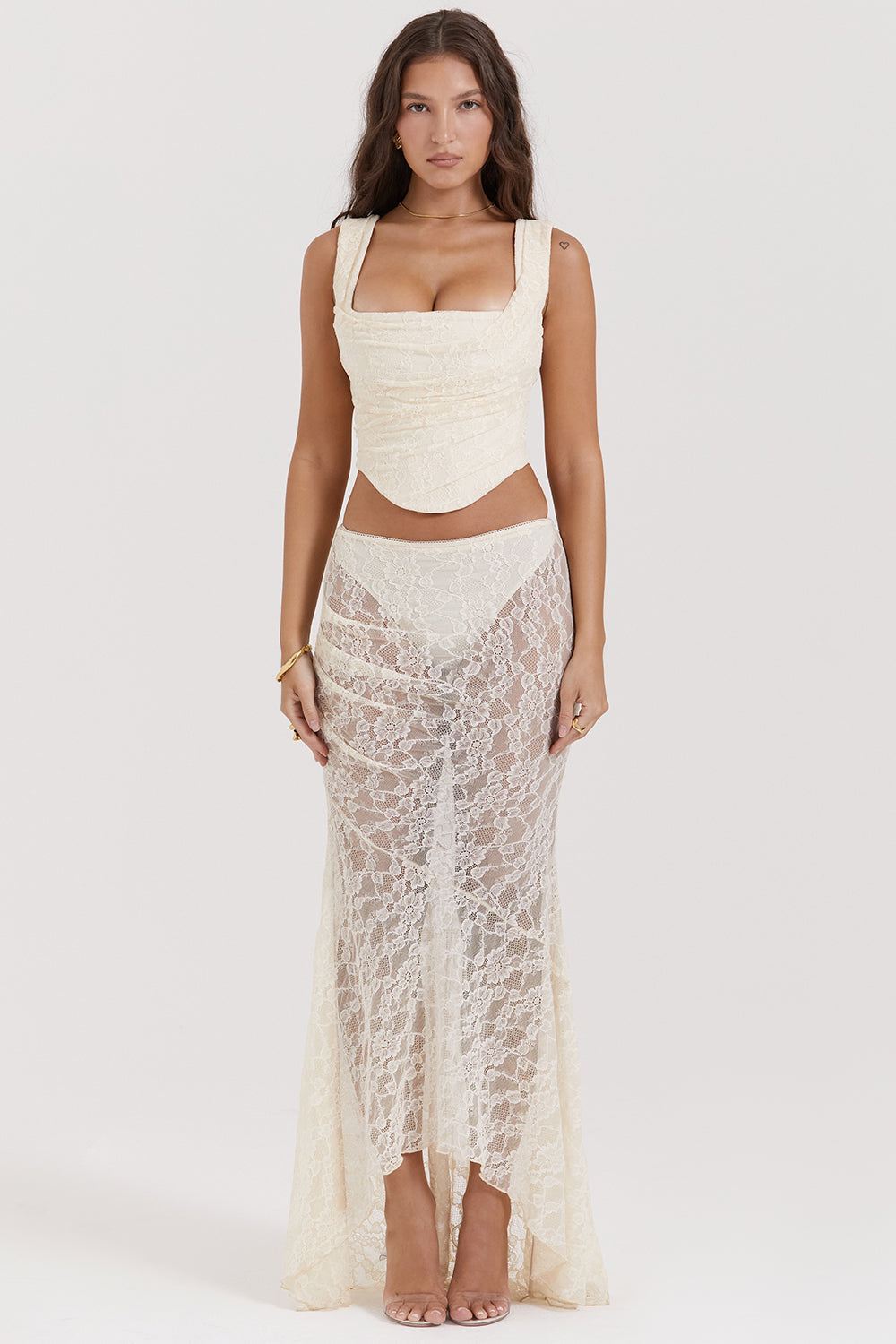 Vintage cream colored lace corset and maxi skirt set