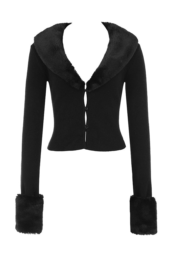 Black cardigan with faux fur trim and cashmere mini skirt