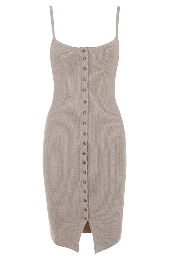 Beige cashmere cardigan with camel knitted midi skirt
