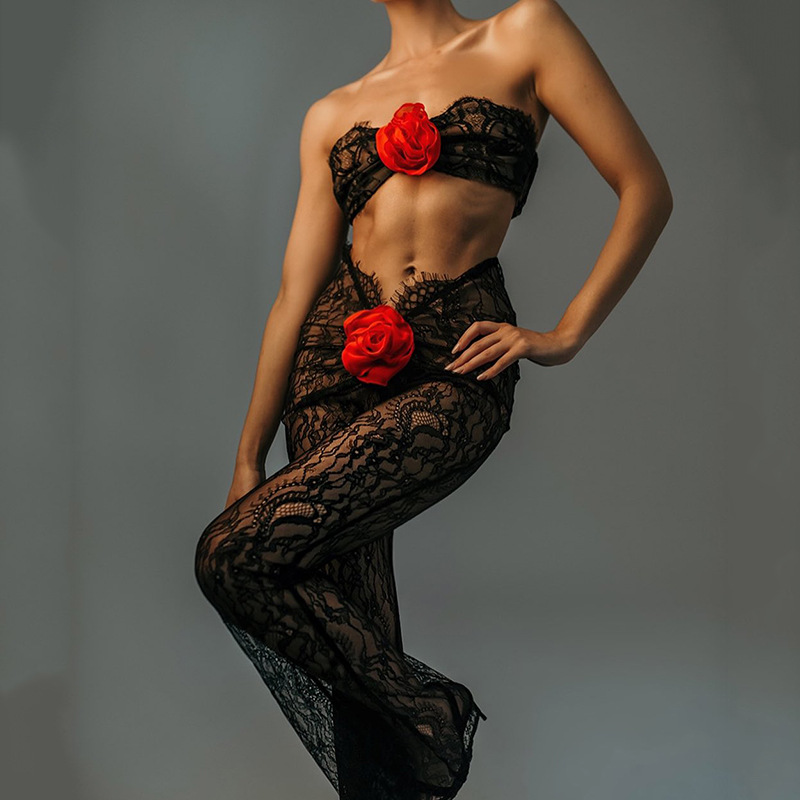 Transparent jumpsuit with lace neckline