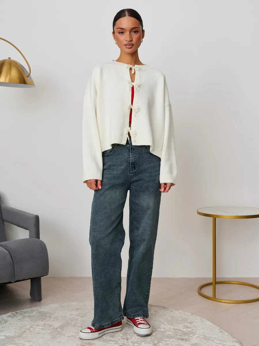 Loose Cardigan With Ribbon Buttons