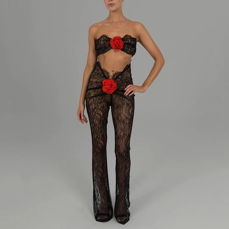 Transparent jumpsuit with lace neckline