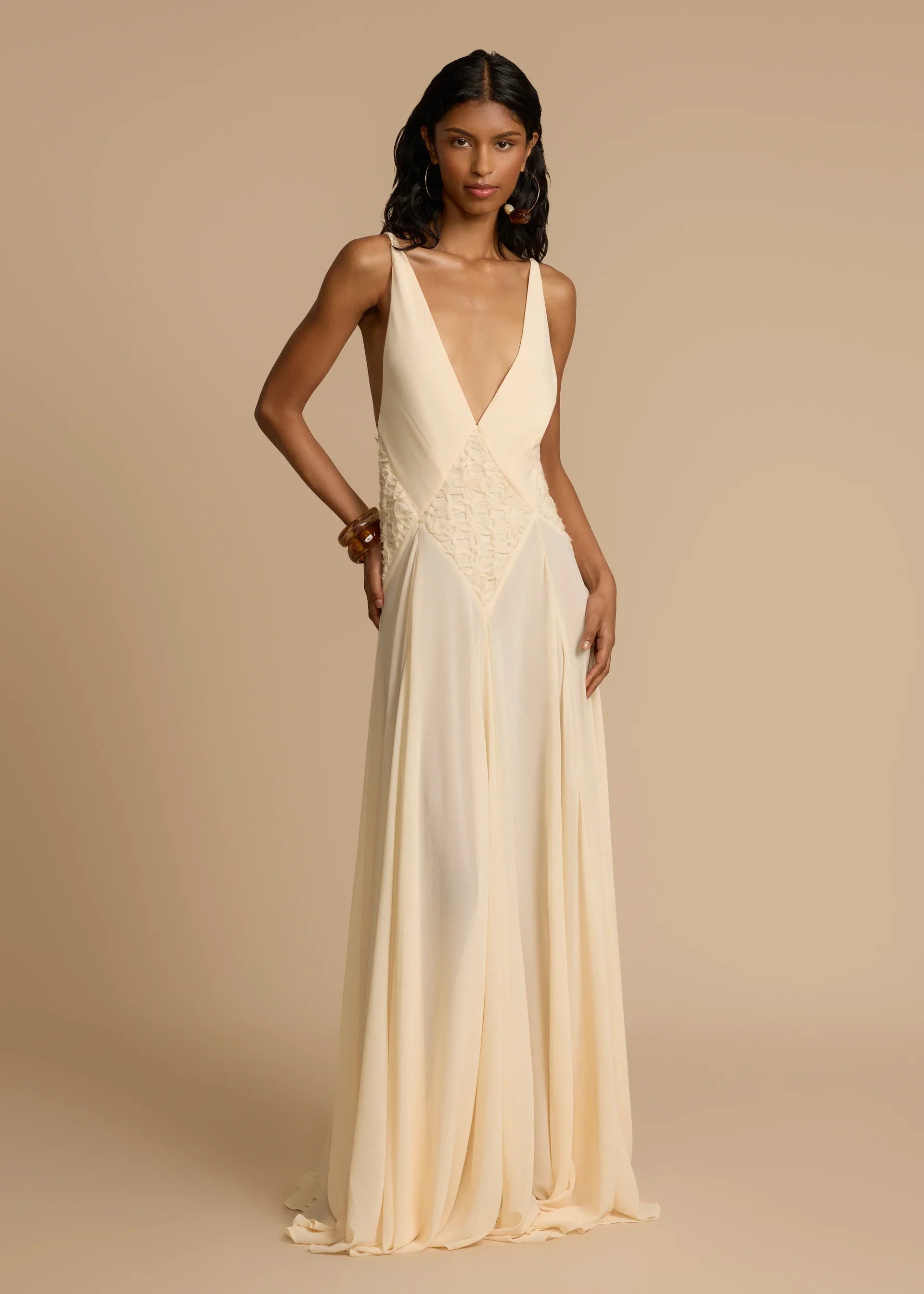 Hollow Out Stitching Lace Sling Color Maxi Dress