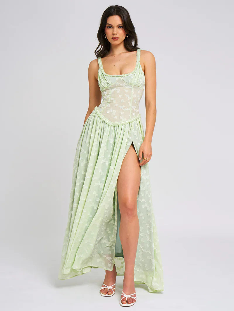 Square Neck Jacquard Textured High Slit Maxi Dress