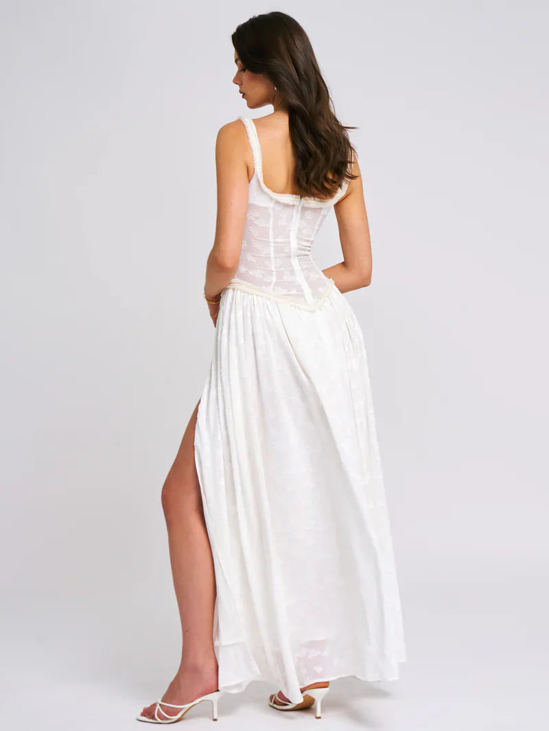Square Neck Jacquard Textured High Slit Maxi Dress