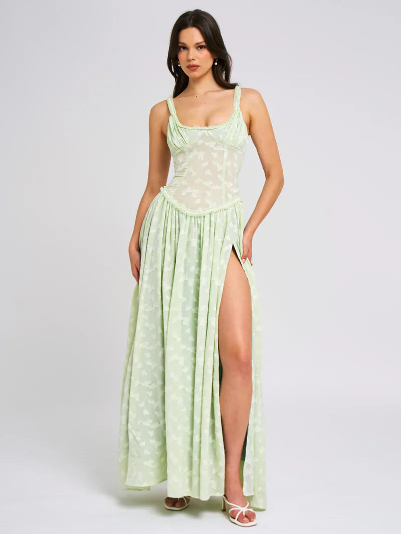 Square Neck Jacquard Textured High Slit Maxi Dress