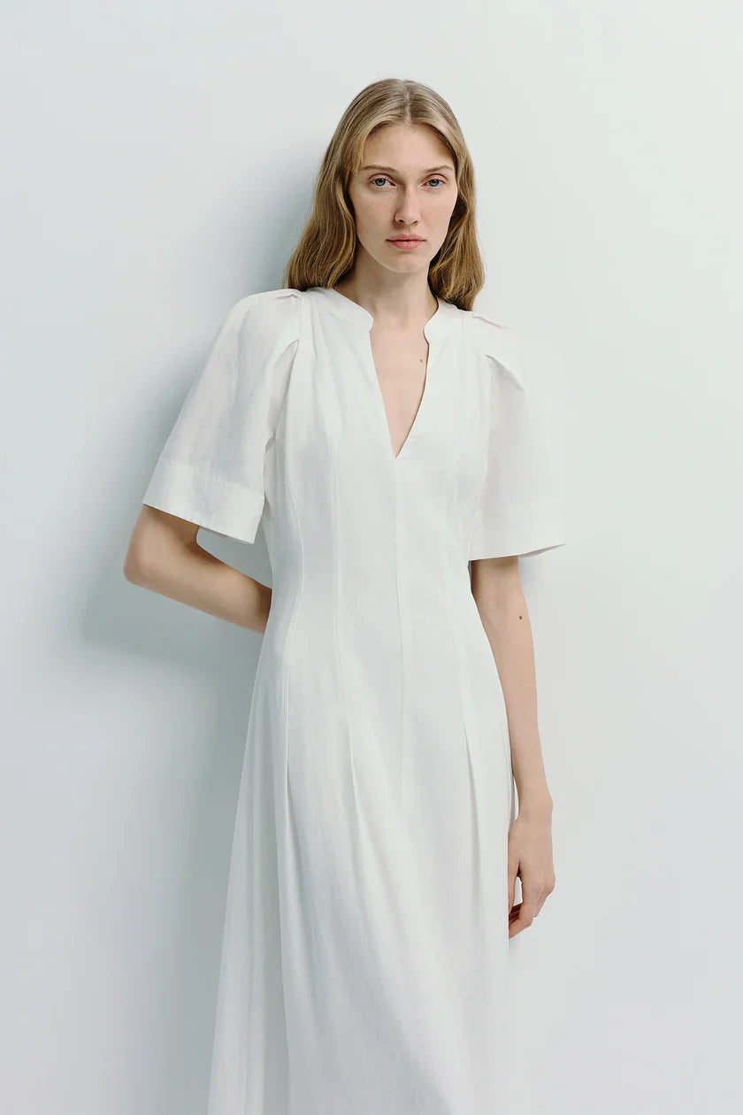 Pleated Sleeve White Maxi Dress