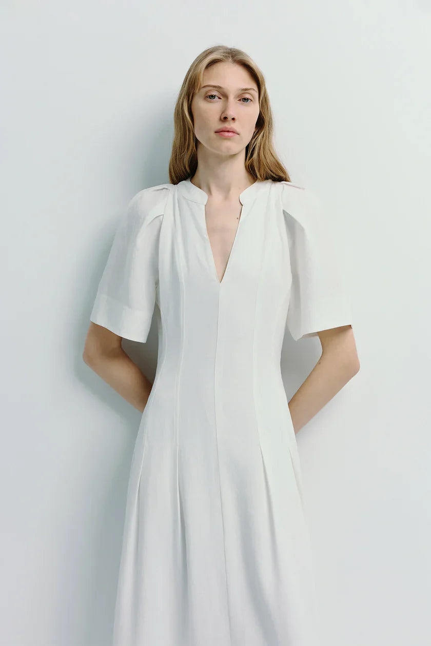 Pleated Sleeve White Maxi Dress