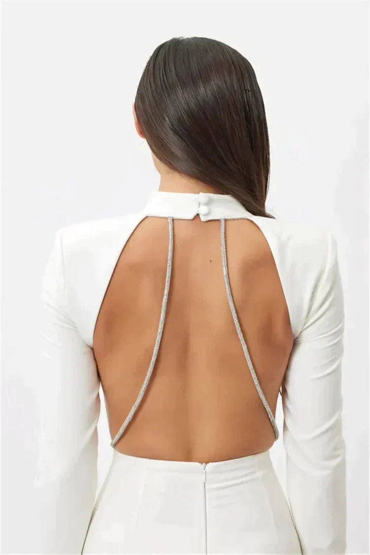 Long dress without slit, long sleeves and rhinestones