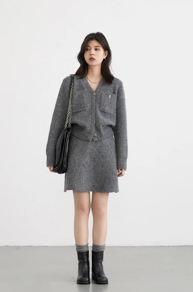 Knitted Gray Cardigan And Skirt Set