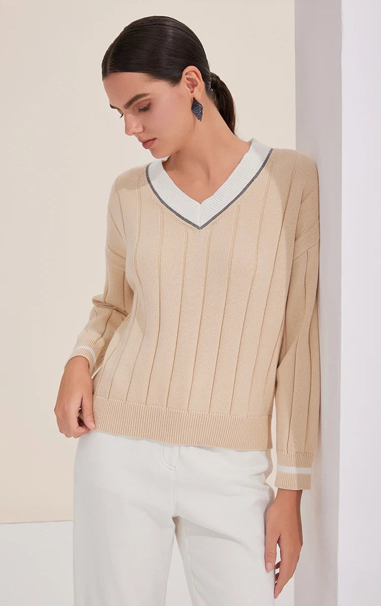 Two Color V-Neck Knitted Sweater
