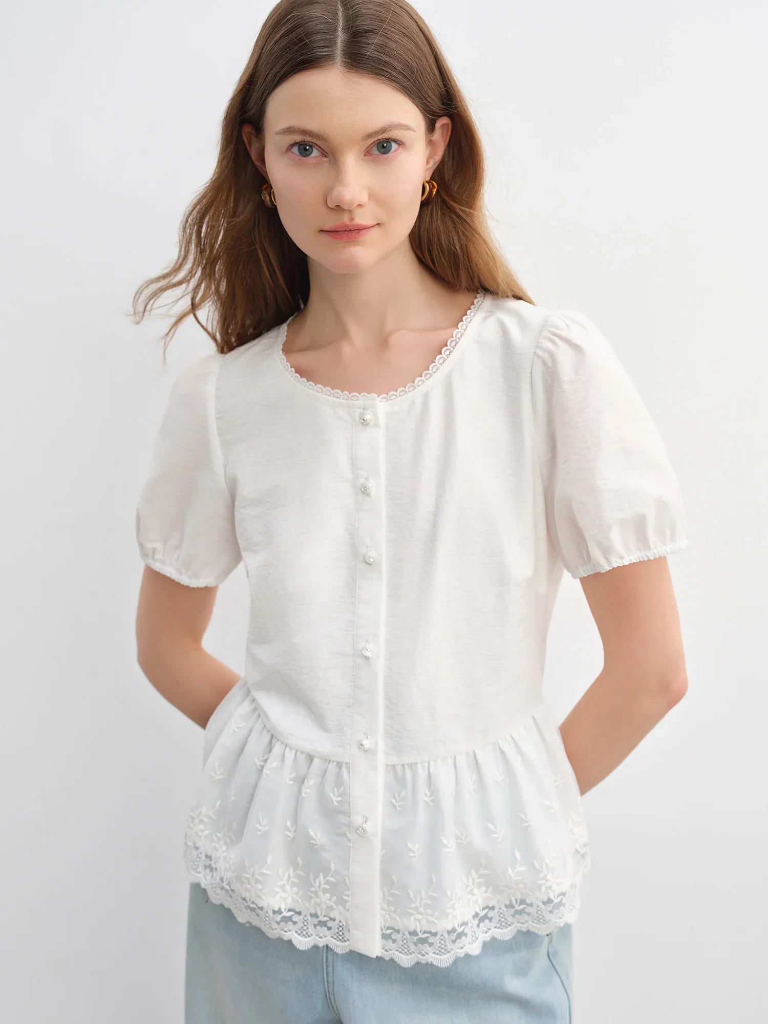 Textured Short-sleeve White Blouse