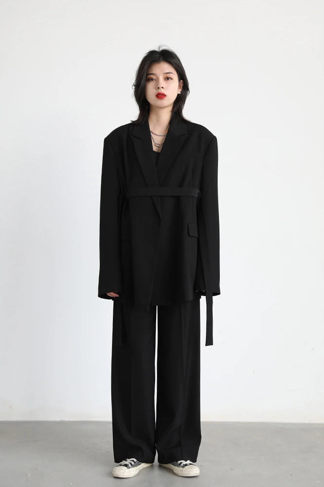 Loose Blazer and Pants Set with Belt