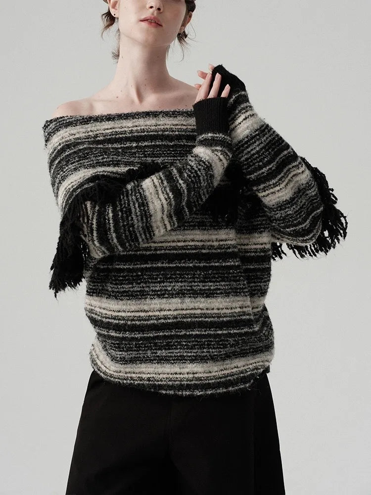 Off Shoulder Contrast Striped Sweater