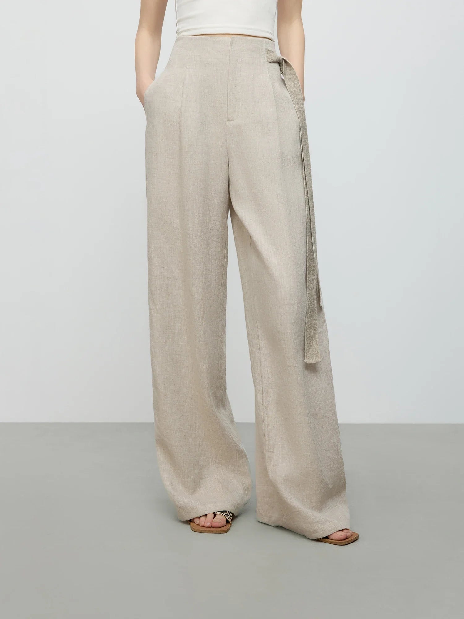 Sleeveless Linen Beige Top and Pants Set