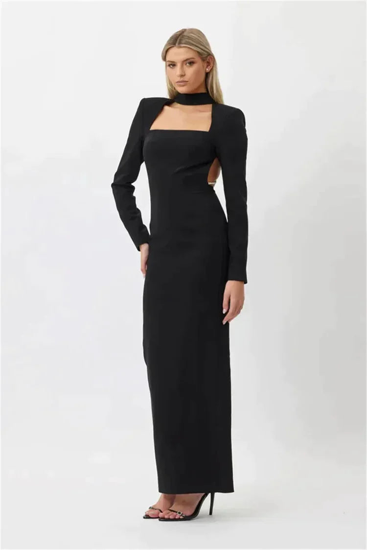 Long dress without slit, long sleeves and rhinestones