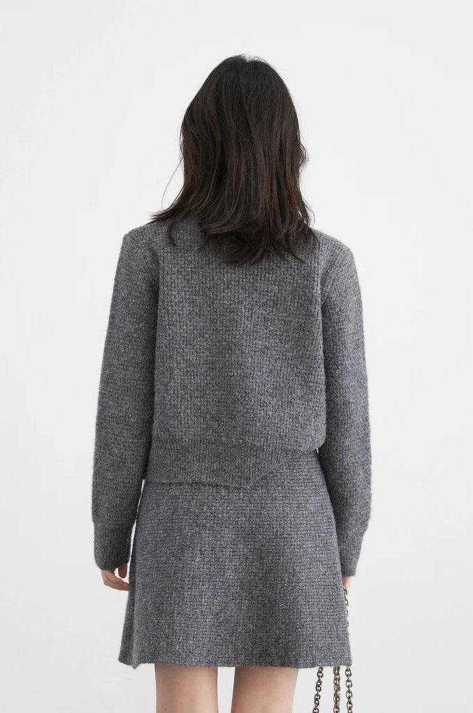 Knitted Gray Cardigan And Skirt Set