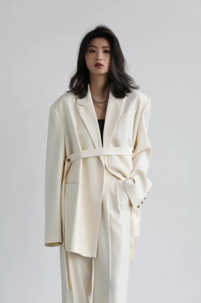 Loose Blazer and Pants Set with Belt