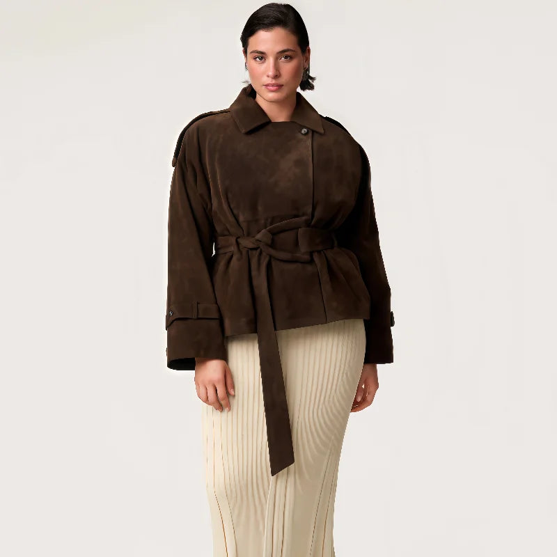 Dark Brown Suede Jacket With Belt