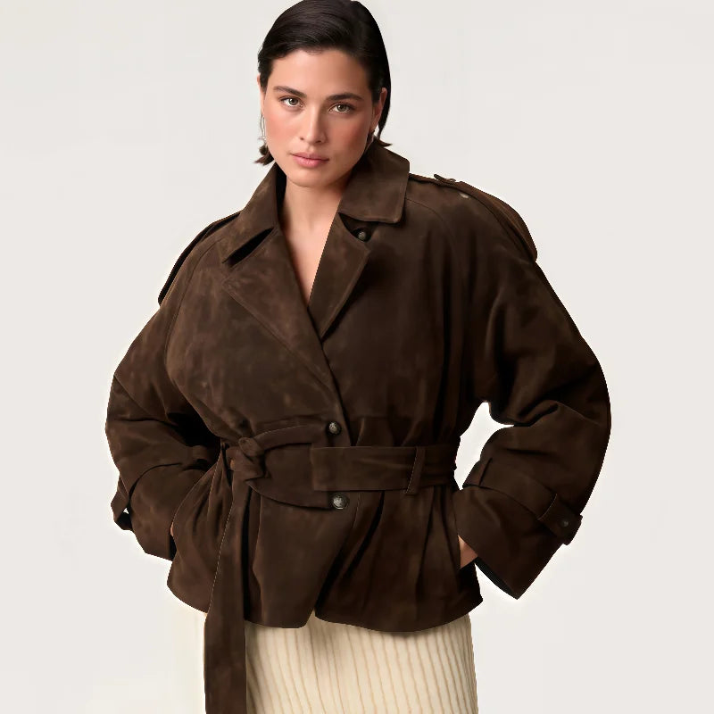 Dark Brown Suede Jacket With Belt