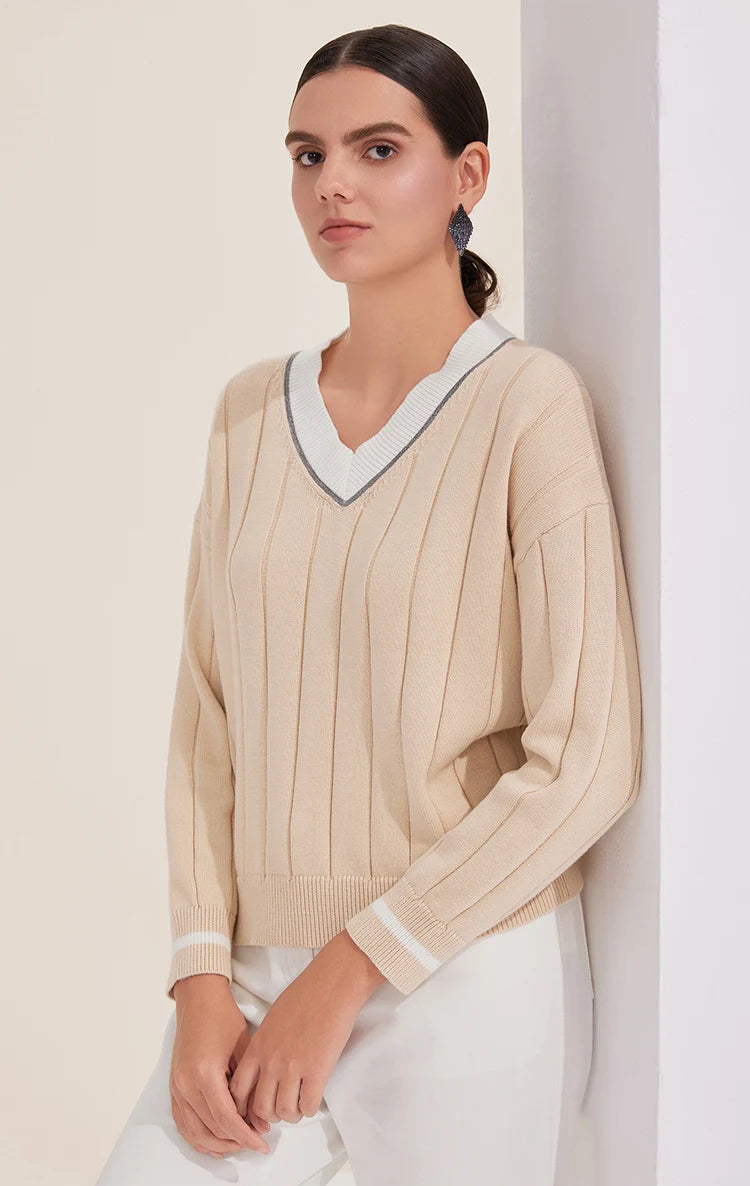 Two Color V-Neck Knitted Sweater