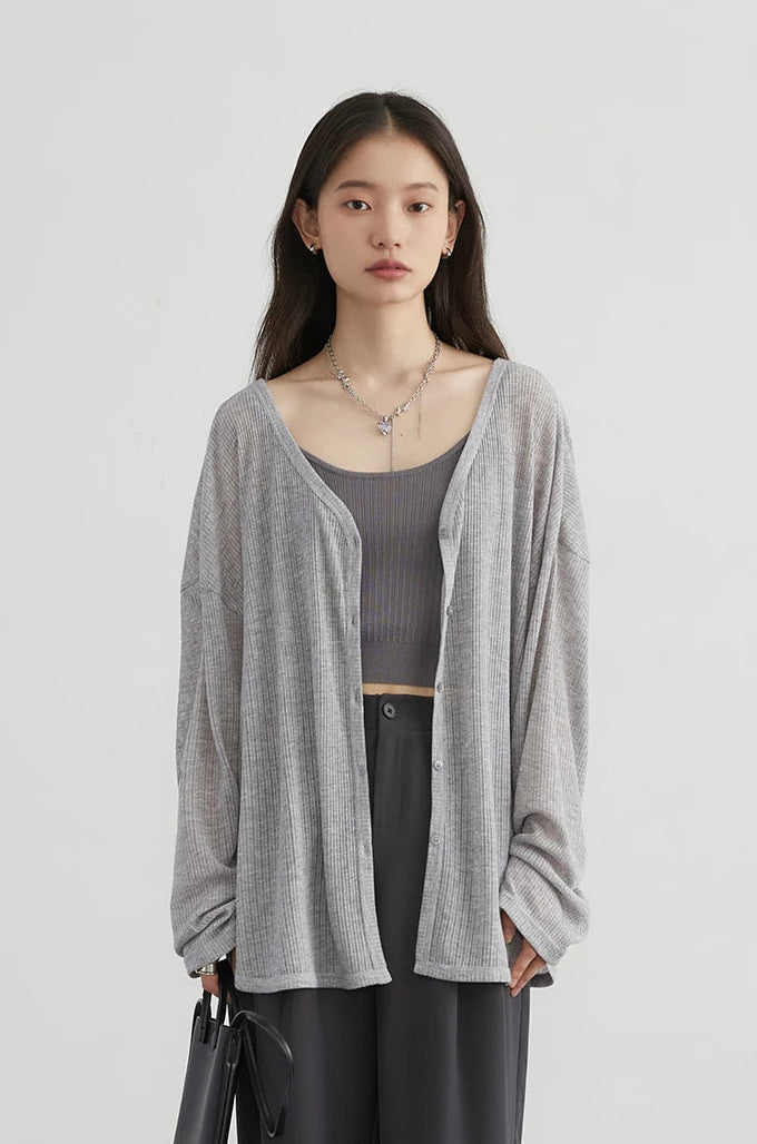 Loose V-neck Gray Cardigan