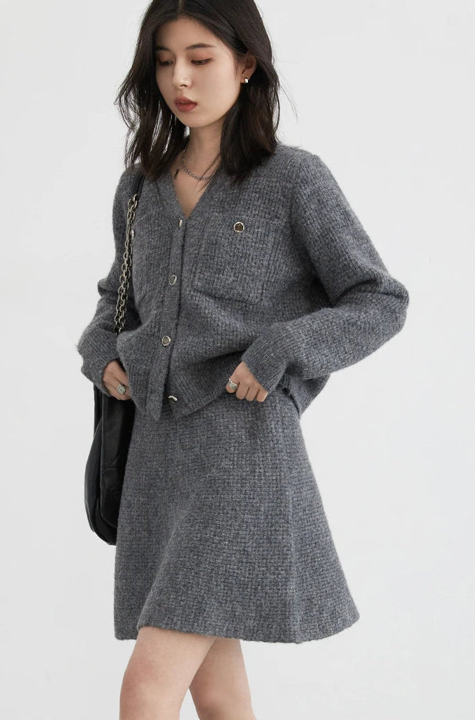 Knitted Gray Cardigan And Skirt Set