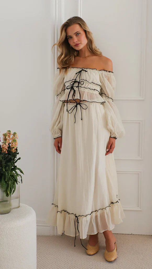 Summer Off-Neck Puff Long Sleeve  Maxi Dress