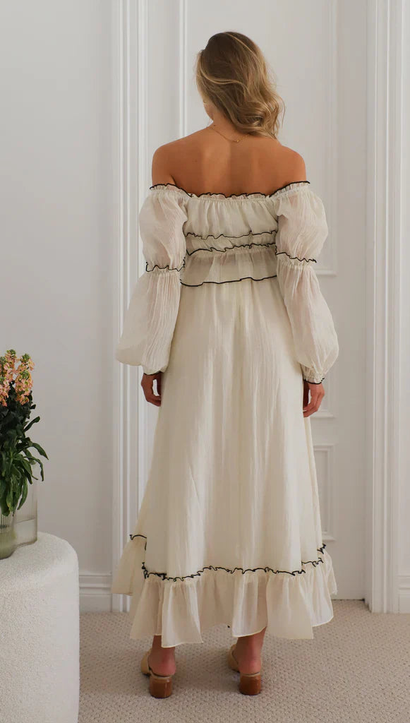Summer Off-Neck Puff Long Sleeve  Maxi Dress