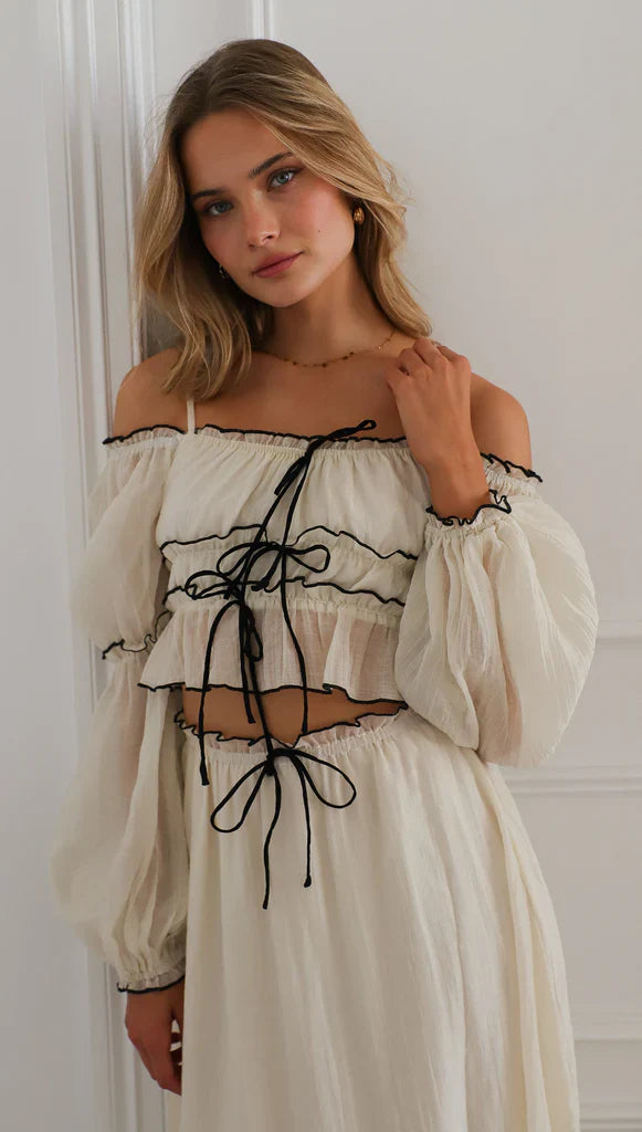 Summer Off-Neck Puff Long Sleeve  Maxi Dress