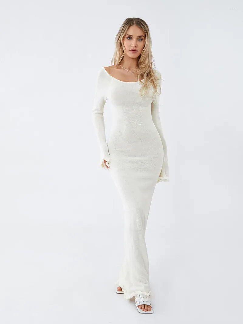 Long Sleeve Knitted Maxi Dress In White