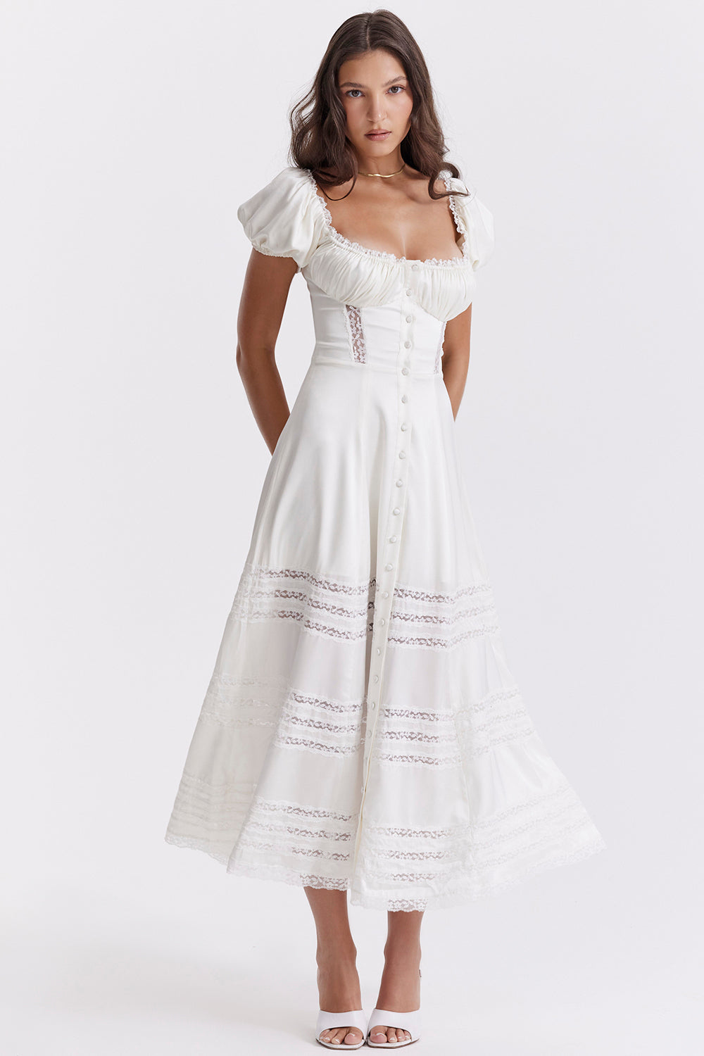 Ivory-colored dress made of real silk with puff sleeves