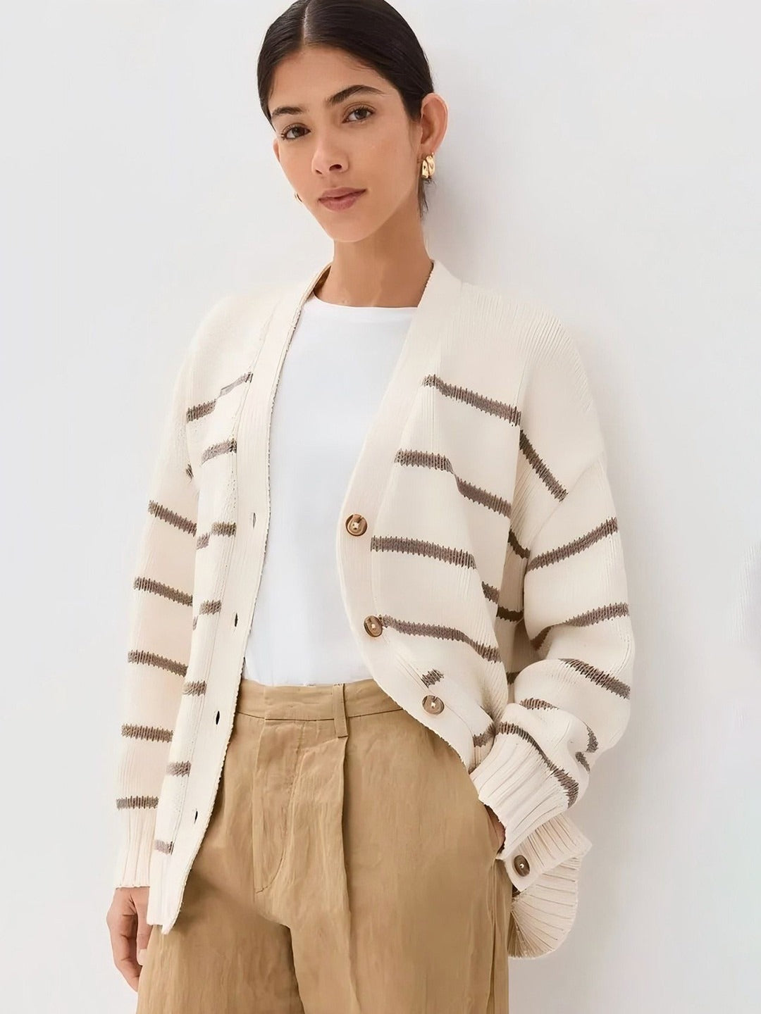 Striped V-Neck Loose Cardigan