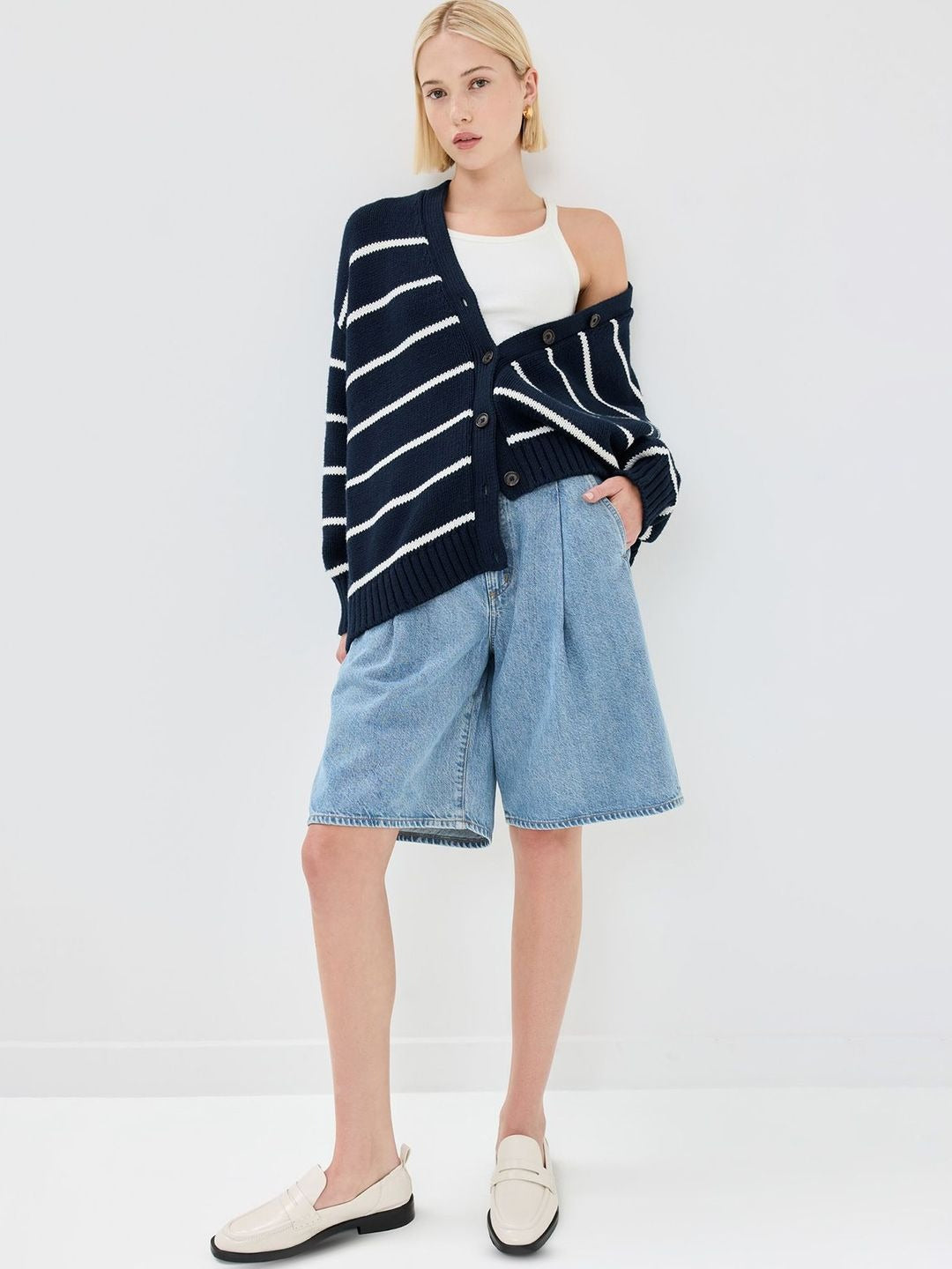 Striped V-Neck Loose Cardigan