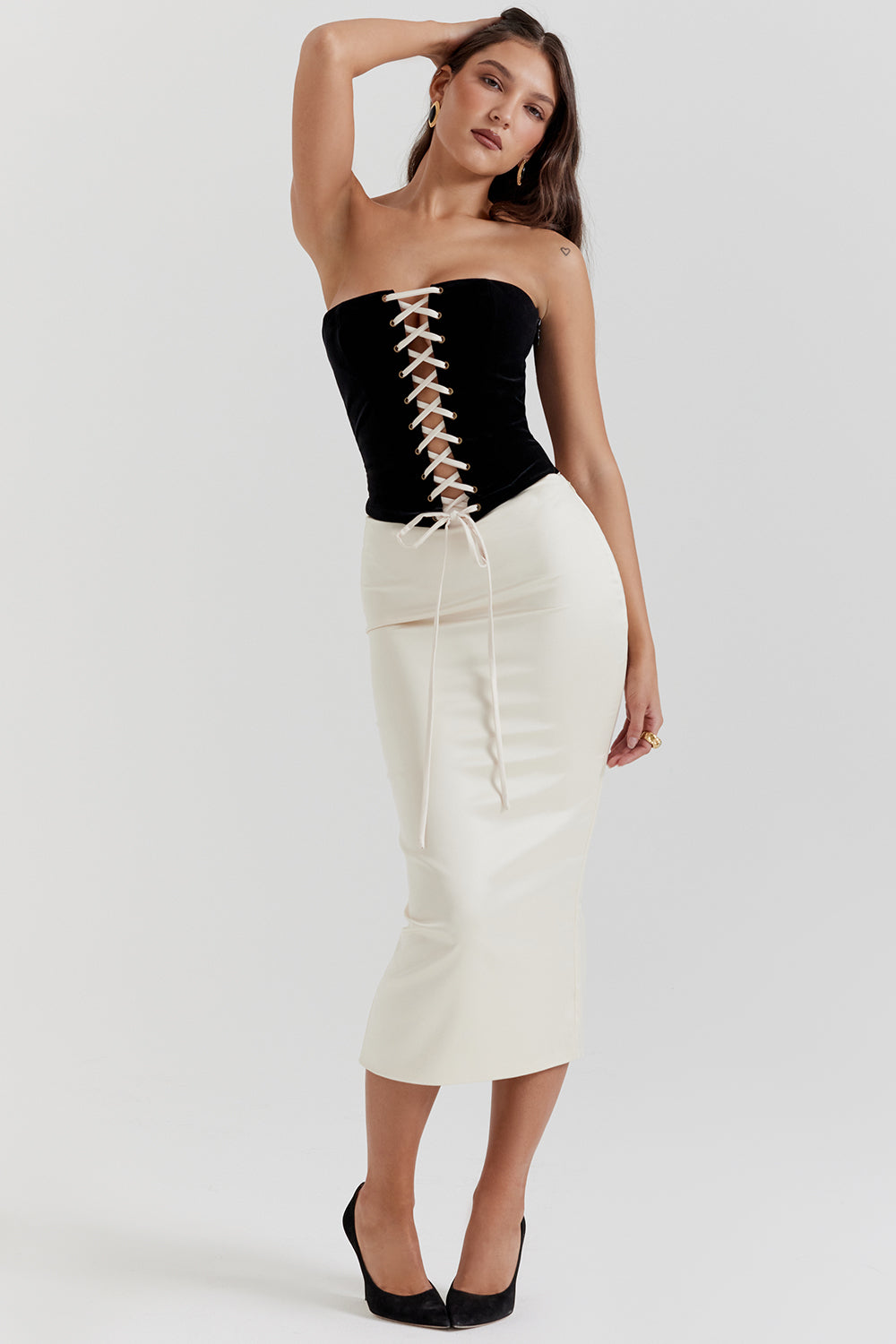 Black and vintage cream strapless corset dress