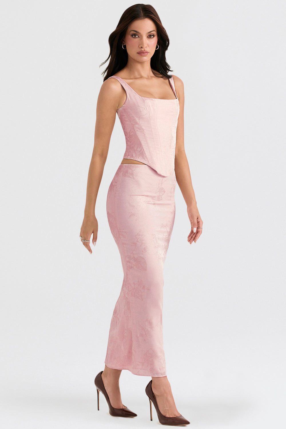 Pink floral satin longline corset with midi skirt