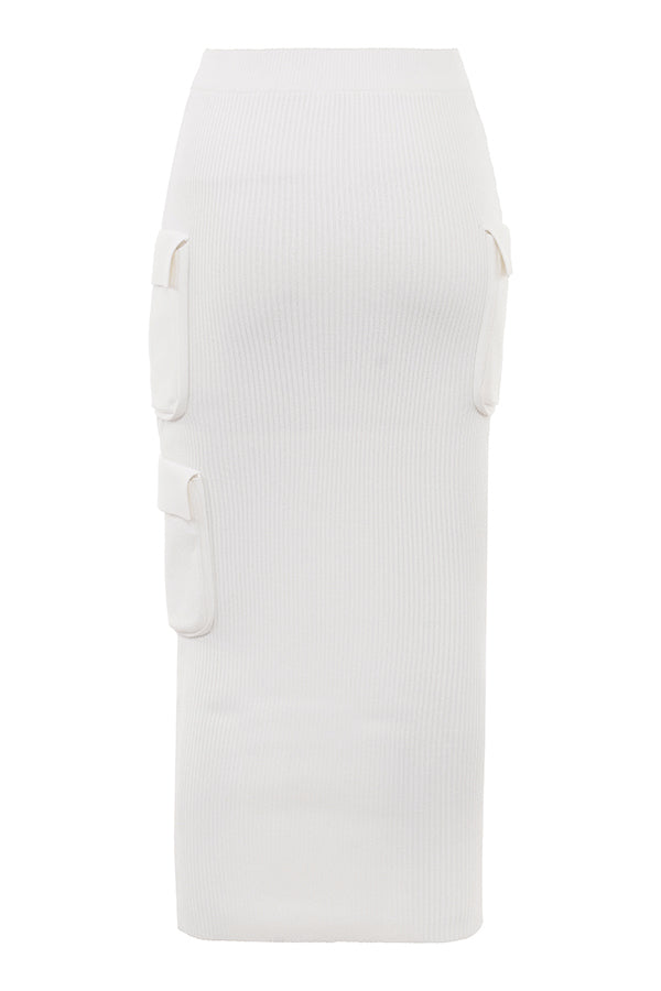 White ribbed sweater with balloon sleeves and cargo skirt