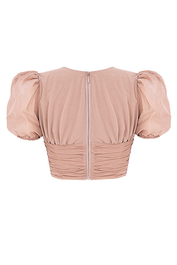 Brown mesh corset with puff sleeves and pleats