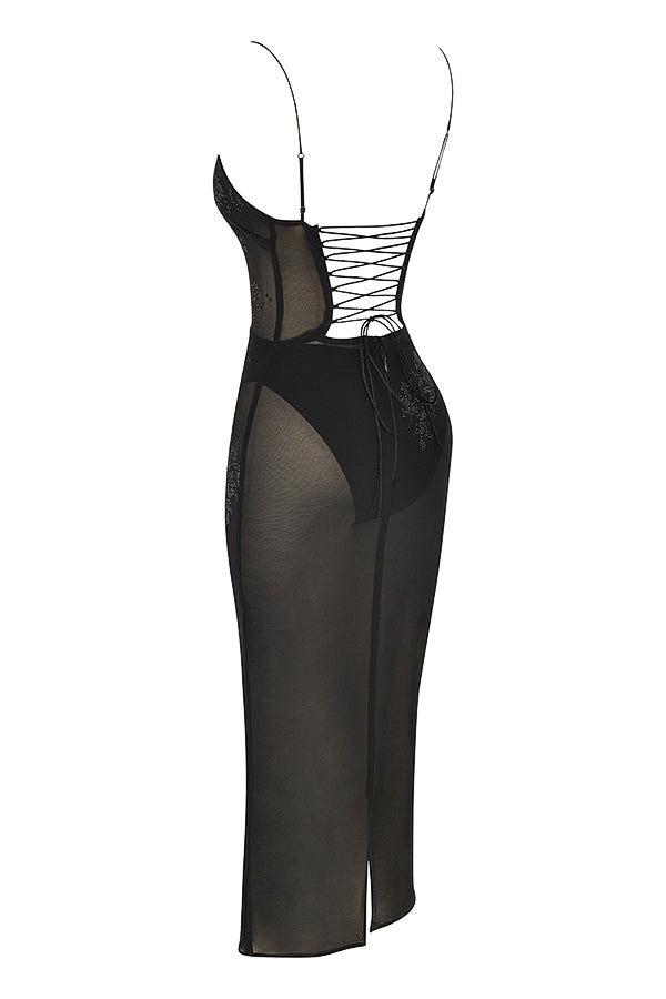 Black midi dress embellished with mesh crystals