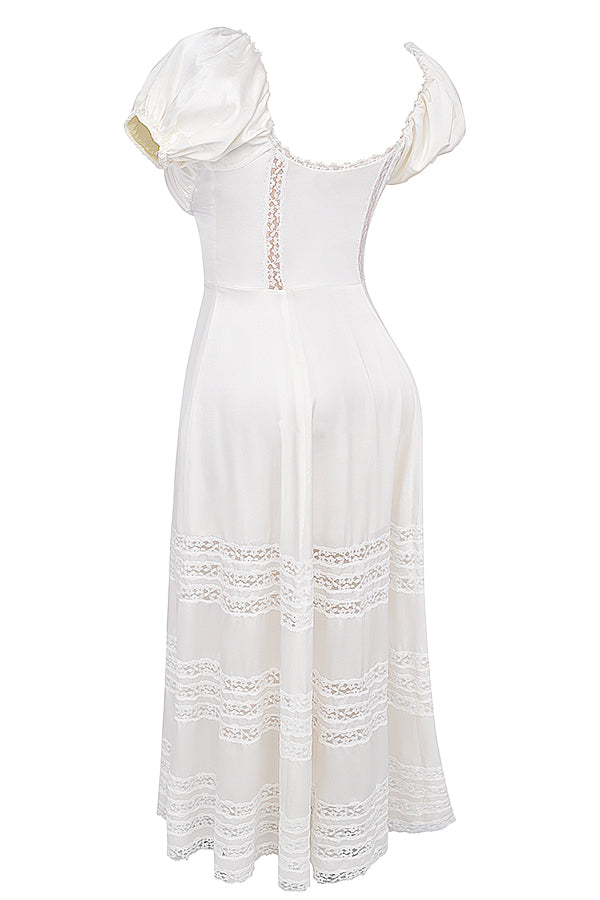 Ivory-colored dress made of real silk with puff sleeves