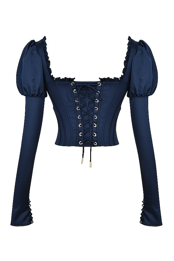 Navy blue corset with puff sleeves and satin maxi skirt with bias cut