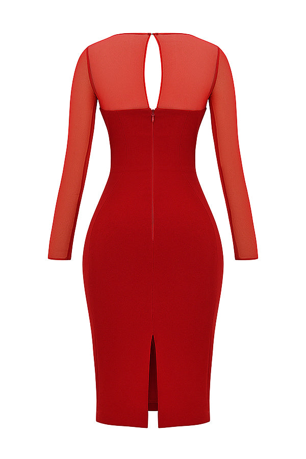 Deep red plunge Midi dress