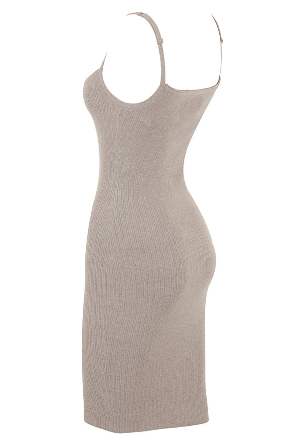 Beige cashmere cardigan with camel knitted midi skirt