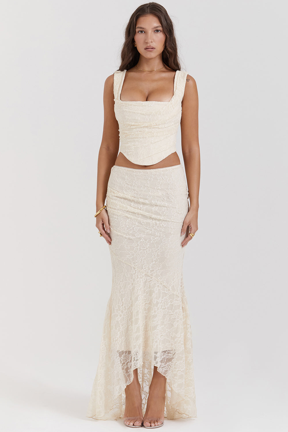 Vintage cream colored lace corset and maxi skirt set