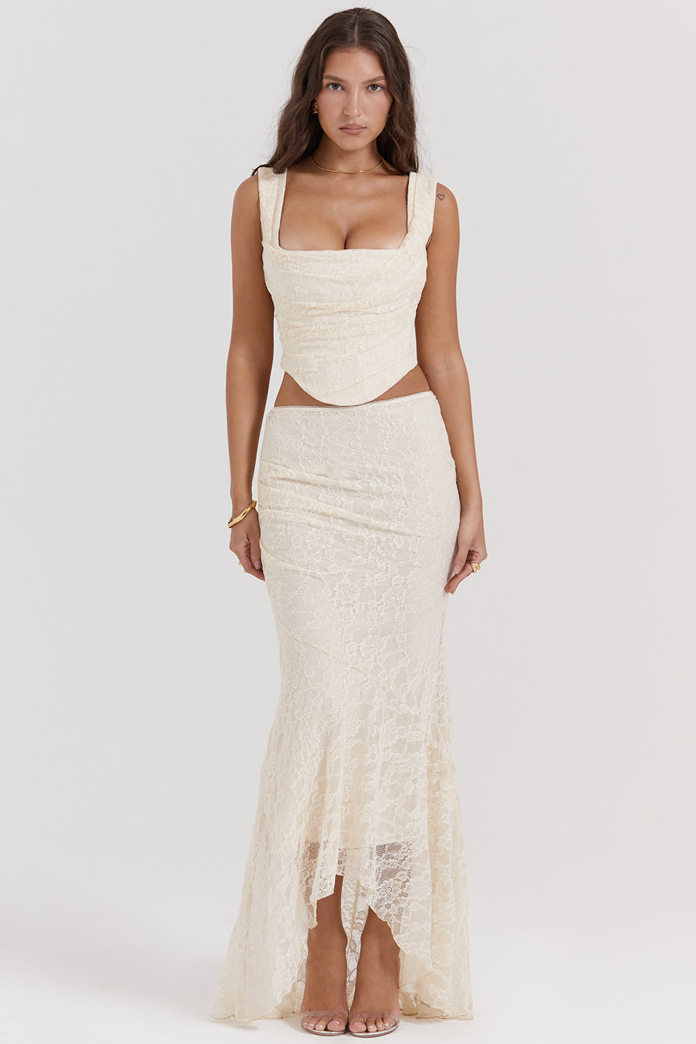 Vintage cream colored lace corset and maxi skirt set