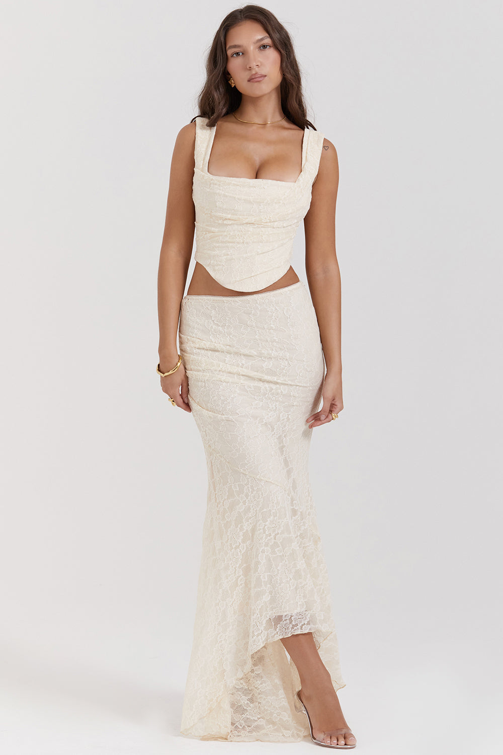 Vintage cream colored lace corset and maxi skirt set