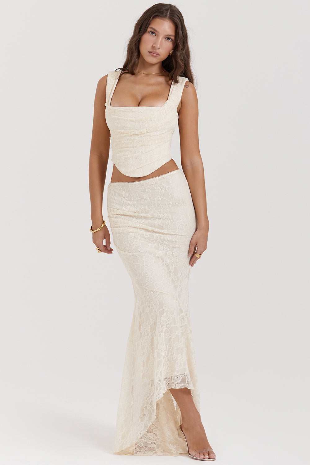 Vintage cream colored lace corset and maxi skirt set