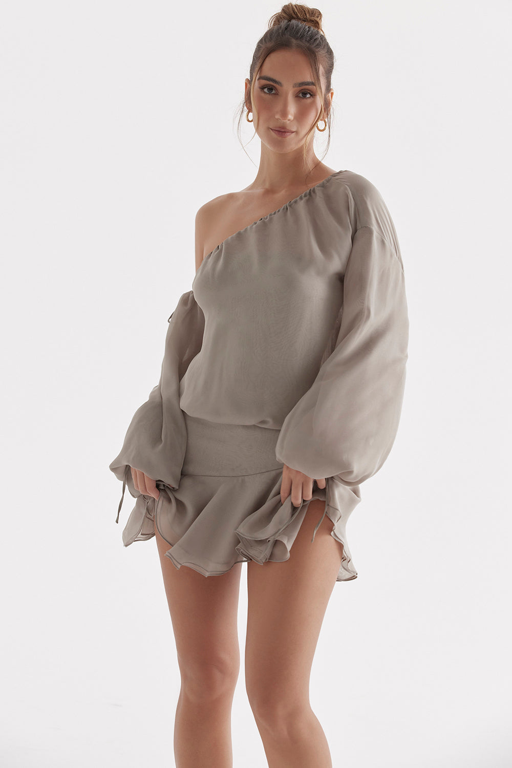 Ash green off shoulder dress